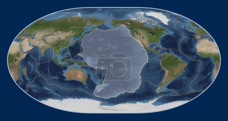 Téléchargez les photos : Plaque tectonique du Pacifique sur la carte satellite Blue Marble dans la projection de Loximuthal centrée méridionale. Limites des autres plaques - en image libre de droit