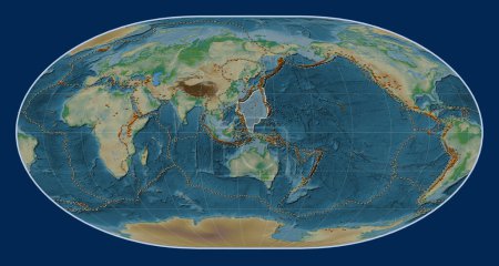 Téléchargez les photos : Plaque tectonique de la mer des Philippines sur la carte physique de l'altitude dans la projection de Loximuthal centrée méridionale. Distribution des volcans connus - en image libre de droit