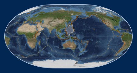 Foto de Placa tectónica del Mar de Filipinas en el mapa satélite de mármol azul en la proyección Loximuthal centrada meridionalmente. Distribución de volcanes conocidos - Imagen libre de derechos