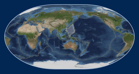 Téléchargez les photos : Plaque tectonique de la mer des Philippines sur la carte satellite Blue Marble dans la projection de Loximuthal centrée méridionale. Limites des autres plaques - en image libre de droit