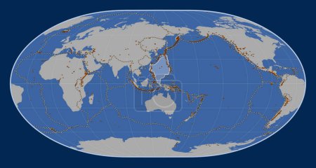 Téléchargez les photos : Plaque tectonique de la mer des Philippines sur la carte des contours solides dans la projection de Loximuthal centrée méridionale. Distribution des volcans connus - en image libre de droit