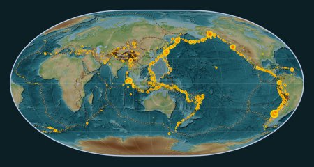 Téléchargez les photos : Plaque tectonique de la mer des Philippines sur la carte d'altitude de style Wiki dans la projection de Loximuthal centrée méridionale. Lieux des tremblements de terre de plus de 6,5 magnitude enregistrés depuis le début du 17ème siècle - en image libre de droit