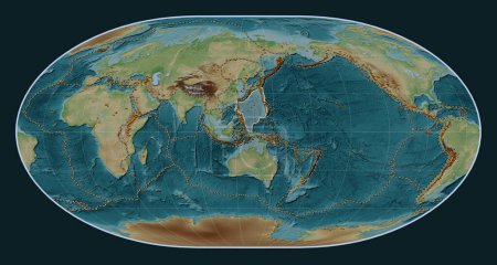 Téléchargez les photos : Plaque tectonique de la mer des Philippines sur la carte d'altitude de style Wiki dans la projection de Loximuthal centrée méridionale. Distribution des volcans connus - en image libre de droit