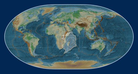 Téléchargez les photos : Plaque tectonique somalienne sur la carte physique de l'altitude dans la projection de Loximuthal centrée méridionale. Distribution des volcans connus - en image libre de droit