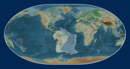 Foto de Placa tectónica sudamericana en el mapa de elevación física en la proyección Loximutal centrada meridionalmente. Límites de otras placas - Imagen libre de derechos
