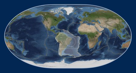 Téléchargez les photos : Plaque tectonique sud-américaine sur la carte satellite Blue Marble dans la projection de Loximuthal centrée méridionale. Limites des autres plaques - en image libre de droit