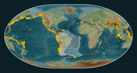 Photo for South American tectonic plate on the Wiki style elevation map in the Loximuthal projection centered meridionally. Locations of earthquakes above 6.5 magnitude recorded since the early 17th century - Royalty Free Image