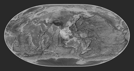 Photo for Sunda tectonic plate on the grayscale elevation map in the Loximuthal projection centered meridionally. - Royalty Free Image
