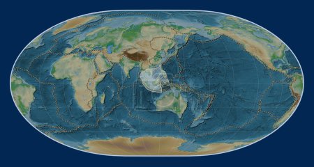 Téléchargez les photos : Plaque tectonique de la Sunda sur la carte physique de l'altitude dans la projection de Loximuthal centrée méridionale. Limites des autres plaques - en image libre de droit