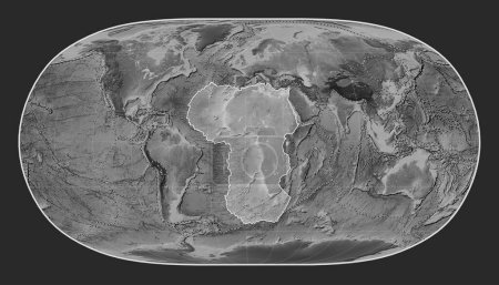Téléchargez les photos : Plaque tectonique africaine sur la carte d'altitude en niveaux de gris dans la projection Natural Earth II centrée méridionale. Limites des autres plaques - en image libre de droit