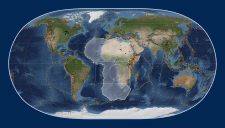 Photo for African tectonic plate on the Blue Marble satellite map in the Natural Earth II projection centered meridionally. Distribution of known volcanoes - Royalty Free Image