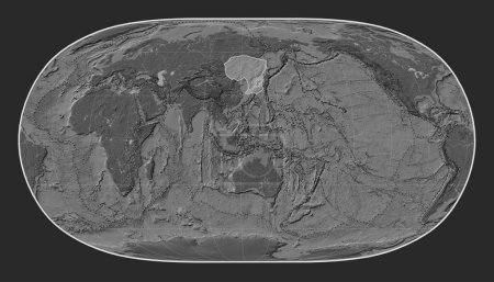 Foto de Placa tectónica de Amur en el mapa de elevación bilevel en la proyección de la Tierra Natural II centrada meridionalmente. Límites de otras placas - Imagen libre de derechos