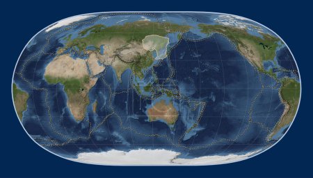 Téléchargez les photos : Plaque tectonique murale sur la carte satellite Blue Marble dans la projection Natural Earth II centrée méridionale. Limites des autres plaques - en image libre de droit