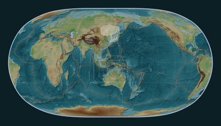 Photo for Amur tectonic plate on the Wiki style elevation map in the Natural Earth II projection centered meridionally. Boundaries of other plates - Royalty Free Image