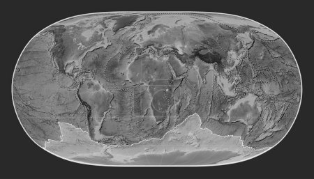 Téléchargez les photos : Plaque tectonique antarctique sur la carte d'altitude en niveaux de gris dans la projection Natural Earth II centrée méridionale. Limites des autres plaques - en image libre de droit