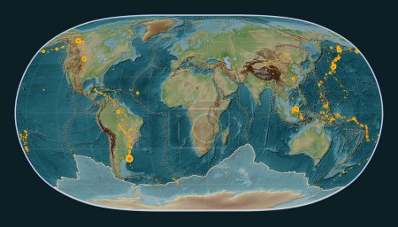 Foto de Placa tectónica antártica en el mapa de elevación de estilo Wiki en la proyección de la Tierra Natural II centrada meridionalmente. Localizaciones de terremotos de magnitud superior a 6,5 registradas desde principios del siglo XVII - Imagen libre de derechos