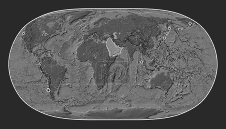 Photo for Arabian tectonic plate on the bilevel elevation map in the Natural Earth II projection centered meridionally. Locations of earthquakes above 6.5 magnitude recorded since the early 17th century - Royalty Free Image