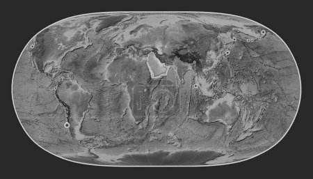 Photo for Arabian tectonic plate on the grayscale elevation map in the Natural Earth II projection centered meridionally. Locations of earthquakes above 6.5 magnitude recorded since the early 17th century - Royalty Free Image