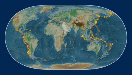 Photo for Arabian tectonic plate on the physical elevation map in the Natural Earth II projection centered meridionally. Locations of earthquakes above 6.5 magnitude recorded since the early 17th century - Royalty Free Image