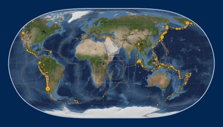 Photo for Arabian tectonic plate on the Blue Marble satellite map in the Natural Earth II projection centered meridionally. Locations of earthquakes above 6.5 magnitude recorded since the early 17th century - Royalty Free Image