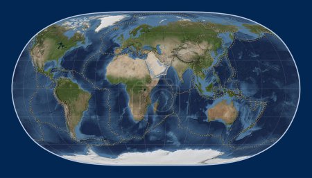 Photo for Arabian tectonic plate on the Blue Marble satellite map in the Natural Earth II projection centered meridionally. Boundaries of other plates - Royalty Free Image