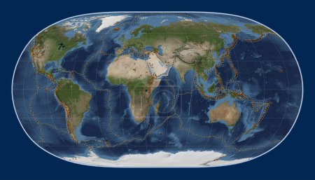 Foto de Placa tectónica árabe en el mapa satélite de mármol azul en la proyección de la Tierra Natural II centrada meridionalmente. Distribución de volcanes conocidos - Imagen libre de derechos