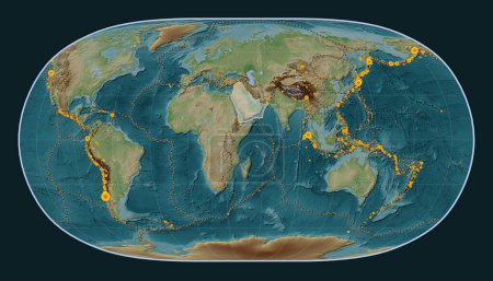 Photo for Arabian tectonic plate on the Wiki style elevation map in the Natural Earth II projection centered meridionally. Locations of earthquakes above 6.5 magnitude recorded since the early 17th century - Royalty Free Image