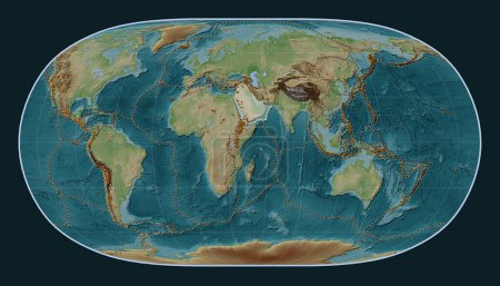 Photo for Arabian tectonic plate on the Wiki style elevation map in the Natural Earth II projection centered meridionally. Distribution of known volcanoes - Royalty Free Image