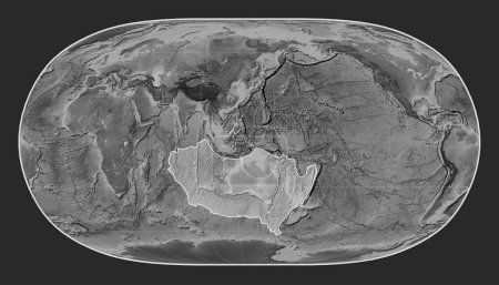 Téléchargez les photos : Plaque tectonique australienne sur la carte d'altitude en niveaux de gris dans la projection Natural Earth II centrée méridionale. - en image libre de droit