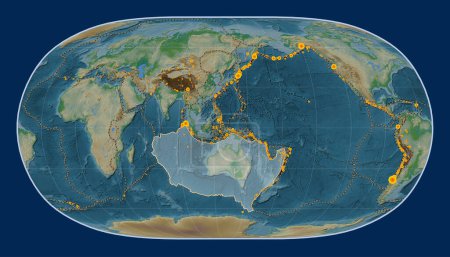 Photo for Australian tectonic plate on the physical elevation map in the Natural Earth II projection centered meridionally. Locations of earthquakes above 6.5 magnitude recorded since the early 17th century - Royalty Free Image