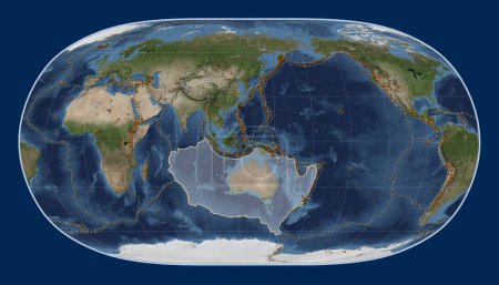 Téléchargez les photos : Plaque tectonique australienne sur la carte satellite Blue Marble dans la projection Natural Earth II centrée méridionale. Distribution des volcans connus - en image libre de droit