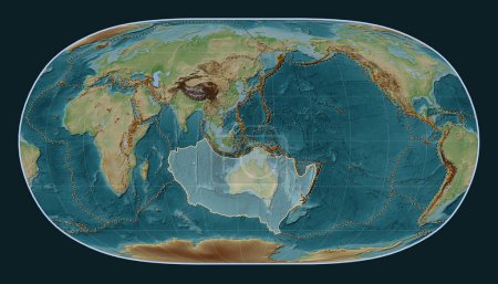 Foto de Placa tectónica australiana en el mapa de elevación de estilo Wiki en la proyección de la Tierra Natural II centrada meridionalmente. Distribución de volcanes conocidos - Imagen libre de derechos