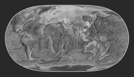 Foto de Placa tectónica euroasiática en el mapa de elevación a escala de grises en la proyección de la Tierra Natural II centrada meridionalmente. - Imagen libre de derechos