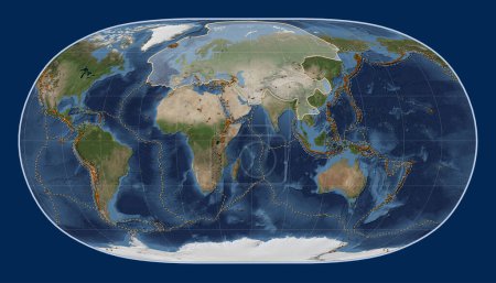 Téléchargez les photos : Plaque tectonique eurasienne sur la carte satellite Blue Marble dans la projection Natural Earth II centrée méridionale. Distribution des volcans connus - en image libre de droit