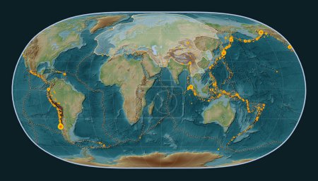 Téléchargez les photos : Plaque tectonique eurasienne sur la carte d'élévation de style Wiki dans la projection Natural Earth II centrée méridionale. Lieux des tremblements de terre de plus de 6,5 magnitude enregistrés depuis le début du 17ème siècle - en image libre de droit