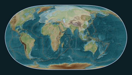 Téléchargez les photos : Plaque tectonique eurasienne sur la carte d'élévation de style Wiki dans la projection Natural Earth II centrée méridionale. Limites des autres plaques - en image libre de droit