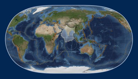 Photo for Indian tectonic plate on the Blue Marble satellite map in the Natural Earth II projection centered meridionally. Distribution of known volcanoes - Royalty Free Image