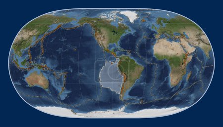 Photo for Nazca tectonic plate on the Blue Marble satellite map in the Natural Earth II projection centered meridionally. Distribution of known volcanoes - Royalty Free Image