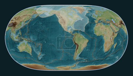 Téléchargez les photos : Plaque tectonique nord-américaine sur la carte d'altitude de style Wiki dans la projection Natural Earth II centrée méridionale. Limites des autres plaques - en image libre de droit