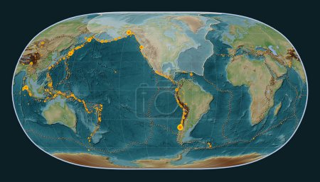 Téléchargez les photos : Plaque tectonique nord-américaine sur la carte d'altitude de style Wiki dans la projection Natural Earth II centrée méridionale. Lieux des tremblements de terre de plus de 6,5 magnitude enregistrés depuis le début du 17ème siècle - en image libre de droit