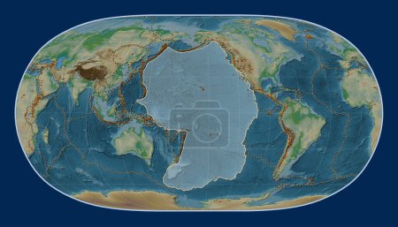 Téléchargez les photos : La plaque tectonique du Pacifique sur la carte physique de l'altitude dans la projection Natural Earth II était centrée méridionale. Distribution des volcans connus - en image libre de droit