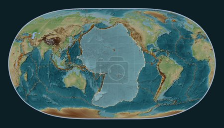 Foto de Placa tectónica del Pacífico en el mapa de elevación de estilo Wiki en la proyección de la Tierra Natural II centrada meridionalmente. Distribución de volcanes conocidos - Imagen libre de derechos