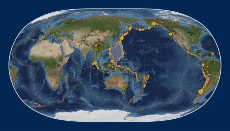 Téléchargez les photos : Plaque tectonique de la mer des Philippines sur la carte satellite Blue Marble dans la projection Natural Earth II centrée méridionale. Lieux des tremblements de terre de plus de 6,5 magnitude enregistrés depuis le début du 17ème siècle - en image libre de droit
