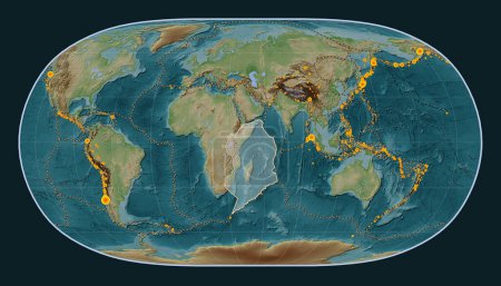 Foto de Placa tectónica somalí en el mapa de elevación de estilo Wiki en la proyección de la Tierra Natural II centrada meridionalmente. Localizaciones de terremotos de magnitud superior a 6,5 registradas desde principios del siglo XVII - Imagen libre de derechos