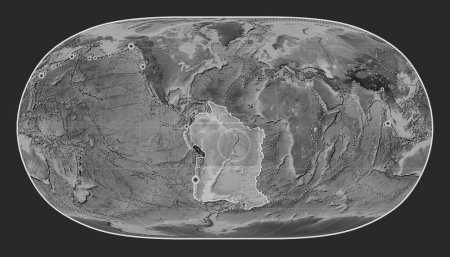 Photo for South American tectonic plate on the grayscale elevation map in the Natural Earth II projection centered meridionally. Locations of earthquakes above 6.5 magnitude recorded since the early 17th century - Royalty Free Image
