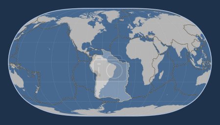Foto de Placa tectónica sudamericana en el mapa de contorno sólido en la proyección de la Tierra Natural II centrada meridionalmente. Límites de otras placas - Imagen libre de derechos
