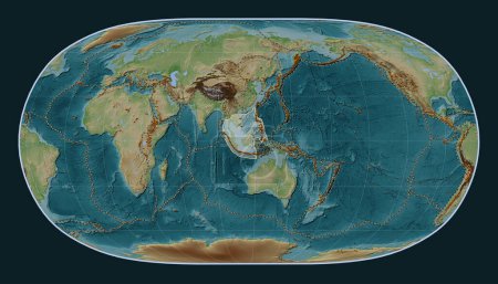 Photo for Sunda tectonic plate on the Wiki style elevation map in the Natural Earth II projection centered meridionally. Distribution of known volcanoes - Royalty Free Image