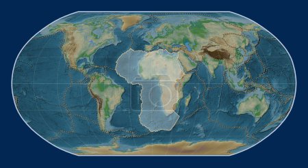 Photo for African tectonic plate on the physical elevation map in the Robinson projection centered meridionally. Boundaries of other plates - Royalty Free Image