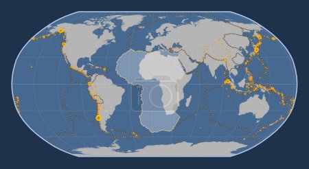 Photo for African tectonic plate on the solid contour map in the Robinson projection centered meridionally. Locations of earthquakes above 6.5 magnitude recorded since the early 17th century - Royalty Free Image