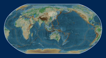 Téléchargez les photos : Plaque tectonique d'Amour sur la carte physique de l'altitude dans la projection Robinson centrée méridionale. Distribution des volcans connus - en image libre de droit